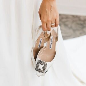 MANOLO BLAHNIK WORN ONCE HANGISLI 70MM CRYSTAL EMBELLISHED SATIN SLINGBACKS